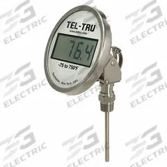 TEL-TRU Digital Thermometer: 6 in Stem Lg, -75°F to 750°F, ±0.5°F/0.3°C, 1/2 in Thread Size, NPT (MPN ND5AB09111-P22066). Key specifications — Thread Type: NPT; Brand: TEL-TRU; Accuracy: ±0.5 °F/0.3 °C.