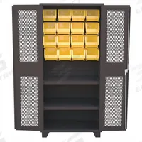 JAMCO Bin Cabinet: 36 in x 24 in 78 in, 2 Shelves, 16 Bins, Yellow, Ventilated, 14 ga Panel, Black (MPN DY236BL). Key specifications — Bin Color: Yellow; Bin HxWxD: (16) 7 in x 8-1/4 in x 11 in; Assembled: Assembled; Cabinet Style: Shelf and Bin; Brand: JAMCO; Cabinet Color: Black; Cabinet Finish: Powder Coated; Cabinet Material: Steel.
