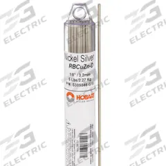 HOBART Brazing Alloy: Nickel Silver, 0%, RBCuZn-D, 1/8 in x 36 in, Bare (MPN 6ETP6). Key specifications — Tensile Strength: 70 ksi; Yield Strength: 64 ksi; Manufacturer Part Number: 6ETP6; Brand: HOBART; pack-container: 1/pk.