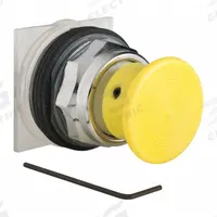 SCHNEIDER Mushroom Head Push Button: 30 mm Mounting Size, Metallic, Momentary (MPN 9001KR24Y). Key specifications — Brand: SCHNEIDER; Action: Momentary; Series: 9001K; Push Button Material Type: Metallic.