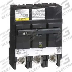 SQUARE D Miniature Circuit Breaker: 125 A, 120/240V AC, Three Phase, 22kA at 120/240V AC, 3 Poles (MPN QOB3125VH). Key specifications — Phase: Three; Amps: 125 A; AC Voltage Rating: 120/240V AC; Max. AIR Rating: 22kA at 120/240V AC; For Use With: Square D NQOD Panelboards; Brand: SQUARE D.