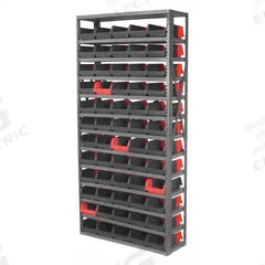 AKRO-MILS Bin Shelving: 36 in x 12 in x 79 in, 1 Sided, 60 Bins, Open, Indicator Bin, Black/Red (MPN AS127936462BK). Key specifications — Includes Bins: Yes; Bin Material: Polymer; Frame Color: Gray; Bin HxWxD: 4 in x 6-3/4 in x 11-5/8 in; Frame Material: Steel; Bin Color: Black; Red; Brand: AKRO-MILS.