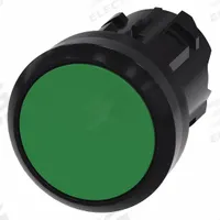 SIEMENS Flush Push Button: Green, 22 mm Mounting Size, Non-Metallic, Momentary (MPN 3SU1000-0AB40-0AA0). Key specifications — Brand: SIEMENS; Action: Momentary; Series: 3SU; Push Button Material Type: Non-Metallic.