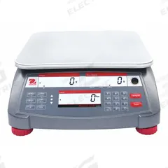 OHAUS Industrial Bench Scale: 11 7/8 in x 8 7/8 in, Not IP Rated, Integrated, Stainless Steel (MPN R41ME30). Key specifications — attr1341383: RS-232; attr1341384: 0.002 lb/1 g; attr1341400: OHAUS; attr1383935: Stainless Steel.