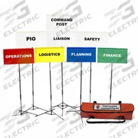 DISASTER MANAGEMENT SYSTEMS Incident Command Flag Kit: Blue/Green/Red/White/Yellow, 24 in Overall Wd (MPN DMS 05302). Key specifications — Legend: Finance; Brand: DISASTER MANAGEMENT SYSTEMS; Color: Red; Product Type: Incident Command Flag Set; Includes: (8) Fold-Up Tripod Bases; Material: Nylon.