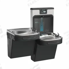 ELKAY Bi-Level Drinking Fountain with Bottle Filler: On-Wall, 8 gph @ 50°F, Stainless Steel, Black (MPN LZSTL8WSMP-PF). Key specifications — Brand: ELKAY; Housing Material: Stainless Steel; Filter Access: Bottom Panel Access; Housing Finish: Midnight Black; Chilling Capacity: 8 gph @ 50°F; Housing Color: Black.