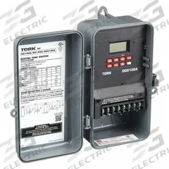 TORK Electronic Timer: 7 day, Not Astronomic, 120-277V AC, DPDT, Digital (MPN DGS100A). Key specifications — Body Material: Plastic; Indoor/Outdoor Usage: Outdoor; Astronomic Functionality: Not Astronomic; Mounting Style: Surface; Brand: TORK.