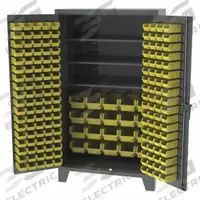 GREENE MANUFACTURING, INC. Bin Cabinet: 48 in x 24 in 84 in, 3 Shelves, 162 Bins, Yellow, Flush (MPN EX-724-1BS5). Key specifications — Bin Color: Yellow; Bin HxWxD: (142) 3 in x 4-1/8 in x 7-3/8 in; Assembled: Assembled; Cabinet Style: Shelf and Bin; Brand: GREENE MANUFACTURING, INC.; Cabinet Color: Gray; Cabinet Finish: Baked Enamel; Cabinet Material: Steel.