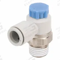 SMC Speed Control Valve: Elbow Fitting, Knob, 1/4 in/1/8 in Valve Body Size, 10 mm Tube, Meter In (MPN AS2211F-01-10SA). Key specifications — attr947203: Brass/PBT; attr947205: SMC.