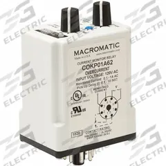 MACROMATIC Monitor Relay: Socket Mounted, 10 A Current Rating, 120V AC, Overcurrent, Pin (MPN COKP01A62-G). Key specifications — Series: COKP Series; Electrical Connection: Pin; Monitored Parameters: Overcurrent; Mounting Style: Plug-In; Trip Point: 0.1 to 1 A; Trip Point Type: Adjustable; Brand: MACROMATIC.