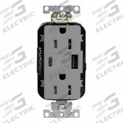 USB Receptacle: Duplex, 5-15R, Gray, 125V AC, 15 A (MPN M56AC-GY). Key specifications — Brand: LEVITON.