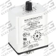 MACROMATIC Single Function Time Delay Relay: Socket Mounted, 120V AC/DC, 10 A, 11 Pins/Terminals (MPN TR-51622-14). Key specifications — Brand: MACROMATIC.