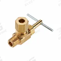 PARKER Needle Valve: Angle Valve Body, Brass, Screw-In Bonnet, 1/4 in Pipe Size, Compression x MIP (MPN NV104C-4-4). Key specifications — For Media: Water; Standards: ISO 14001; Brand: PARKER; Valve Series: NV; Connection Gender - Side 2: Male; Connection Gender - Side 1: Female; Connection Type - Side 1: Compression; Connection Type - Side 2: IPS.