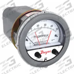 DWYER Differential Pressure Gauge & Switch: Single-Side, 1/8 in NPT Female, ±2% Gauge Accuracy (MPN A3050). Key specifications — Sensor Type: Diaphragm; Series: A3000 Photohelic; Housing Material: Die Cast Aluminum; Certificate of Calibration: Not Included; Gauge Accuracy: ±2%.