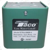 Low Water Cutoff: Steam and Hot Water Boilers, 120V AC, SPDT, Auto Reset, Foam Compensating (MPN LFA1203S-1). Key specifications — Manufacturer Part Number: LFA1203S-1; Brand: TACO; Reset Type: Automatic; Switch Type: SPDT; NEMA Rating: 1; Test Button Included: Yes; Compensates for Foam: Yes.