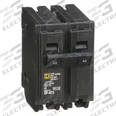 SQUARE D Miniature Circuit Breaker: 40 A, 120/240V AC, Single Phase, 10kA at 120/240V AC, 2 Poles (MPN HOM240). Key specifications — Phase: Single; Amps: 40 A; AC Voltage Rating: 120/240V AC; Max. AIR Rating: 10kA at 120/240V AC; For Use With: Homeline Load Center; Brand: SQUARE D.