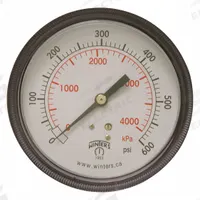 WINTERS Panel-Mount Pressure Gauge: U-Clamp, 0 psi to 600 psi, 3 1/2 in Dial, 1/4 in NPT Male, IP52 (MPN P9U901463UC). Key specifications — Accuracy: ±2-1-2%; Brand: WINTERS; Vibration Resistance Properties: Dry Case Vibration-Dampened; Gauge Wetted Parts: Brass / Bronze.