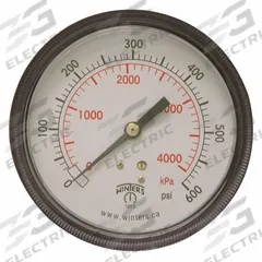 WINTERS Panel-Mount Pressure Gauge: U-Clamp, 0 psi to 600 psi, 3 1/2 in Dial, 1/4 in NPT Male, IP52 (MPN P9U901463UC). Key specifications — Accuracy: ±2-1-2%; Brand: WINTERS; Vibration Resistance Properties: Dry Case Vibration-Dampened; Gauge Wetted Parts: Brass / Bronze.