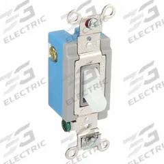 HUBBELL Wall Switch: Toggle Switch, 3-Way, Maintained, White, 120/277V AC, 15 A (MPN HBL1203W). Key specifications — Illuminated: No; Voltage Rating: 120/277V AC.