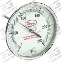 DWYER Glow-in-the-Dark Dial Thermometer: 0°F to 250°F, +/- 1% Accuracy, 5 in Dial Dia, Male (MPN GBTB54051). Key specifications — Accuracy: +/- 1%; Brand: DWYER.