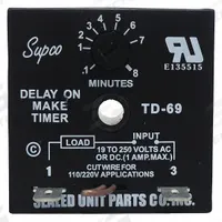 SUPCO Single Function Encapsulated Timing Relay: Surface Relay Mounting, 19 to 250V AC/DC (MPN TD69). Key specifications — Brand: SUPCO.