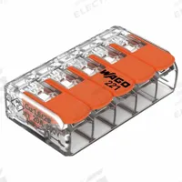 WAGO Lever Wire Connector: 5 Port, 24 AWG – 12 AWG Solid Wire Size Range, 32 A, 600 V, 221 Series (MPN 221-415/K194-4045). Key specifications — attr1307071: WAGO; attr1307104: Lever; attr1351713: 221.