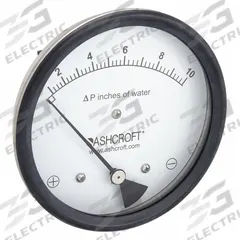 ASHCROFT Differential Pressure Gauge: Dual In-Line or Back, 1/8 in NPT Female, ±3% Gauge Accuracy (MPN 451134EDRQMXCYLM10IWD). Key specifications — Sensor Type: Diaphragm; Series: 1134; Housing Material: Glass Filled Nylon; Certificate of Calibration: Not Included; Gauge Accuracy: ±3%.