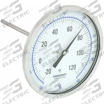 ASHCROFT Dial Thermometer: -20°F to 120°F /-30°C to 50°C, ±1% Accuracy, 6 in Stem Lg - Back-Mount Fixed-Angle Thread-Mount Dial Thermometers
