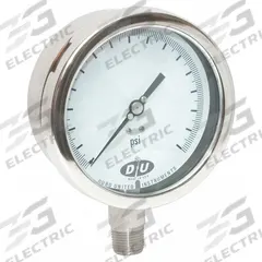 DURO Industrial Pressure Gauge: 0 psi to 30 psi, White, 4 1/2 in Dial, 1/2 in NPT Male, Bottom, 20 (MPN 4207-0333-CERT). Key specifications — Brand: DURO; Pointer Color: Black; Accuracy: ±0.5%; Dial Color: White; Gauge Wetted Parts: Stainless Steel; Case Material: Stainless Steel; Vibration Resistance Properties: None; Pressure Range: 0 psi to 30 psi.