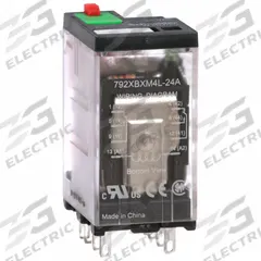 SCHNEIDER General Purpose Relay: Socket Mounted, 12 A Current Rating, 24V AC, DPDT, 8 Pins/Terminals (MPN 792XBXM4L-24A). Key specifications — Brand: SCHNEIDER; Base Type: Square; Mounting Style: Plug-In; Electrical Connection: Faston Connector; Manufacturer Part Number: 792XBXM4L-24A; Operating Current: 12 A AC-1 (NO Conforming to IEC); Series: 792 Series.