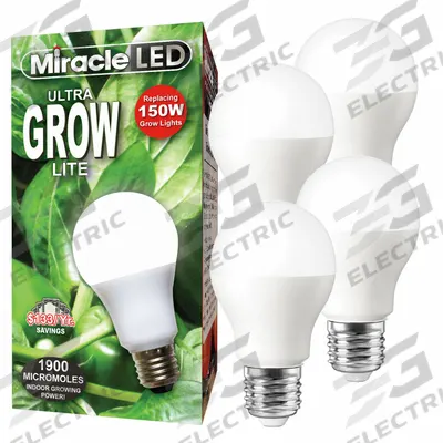 MIRACLE LED Grow Bulb: LED, A19, 120V, Full/Broad - Plant Growth Bulbs
