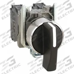 SCHNEIDER Selector Switch: 22 mm Panel Mounting Size, 3 Positions, Extended Lever, 2NO, Metallic (MPN XB4BJ33). Key specifications — AC Contact Rating: 1.2 A @ 600 V; Action: Maintained/Maintained/Maintained; Cam: No Cam Included; DC Contact Rating: 0.1 A @ 600 V; Hazardous Location Specification: Not Rated; Operator Head Material: Plastic; Operator Head Type: Long-Handled Knob; Operator Illumination: Non-Illuminated.