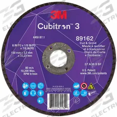 3M CUBITRON 3 Cut-Off and Grinding Wheel: Type 27, 6" x 1/8" x 7/8", Ceramic, 36 Grit (MPN 89162). Key specifications — Brand: 3M CUBITRON 3.