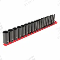 TEKTON Impact Socket Set: 3/8 in Drive Size, Small Set (0-50 pieces) Set Size, 19 Pieces, Metric (MPN SID91115). Key specifications — attr1204251: TEKTON; attr1215453: 3/8 in; attr1215454: 6 mm to 24 mm; attr1224229: Friction.