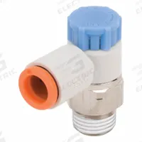 SMC Speed Control Valve: Elbow Fitting, Knob, 1/4 in/1/8 in Valve Body Size, 3/8 in Tube, Meter In (MPN AS2211F-N02-11SA). Key specifications — attr947203: Brass/PBT; attr947205: SMC.