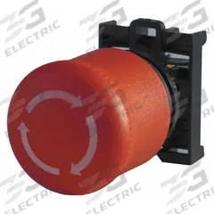 EATON Emergency Stop Push Button: Red, 22 mm Mounting Size, Non-Metallic, Maintained (MPN M22-PVT). Key specifications — Brand: EATON; Action: Maintained; Legend: Twist Arrow; Series: M22; Push Button Material Type: Non-Metallic.