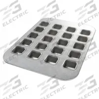 CHICAGO METALLIC Brownie Bite Pan: Aluminized Steel, 20 Slots, 11 1/8 in Overall Wd, 26 ga Gauge (MPN 25300). Key specifications — Pan Style: Brownie Bite Pan; Brand: CHICAGO METALLIC; Color: Silver; Material: Aluminized Steel; NSF Certified: No; Number of Slots: 20.
