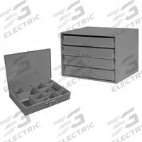 Sliding Drawer Cabinet: 20 in x 15 3/4 in x 15 in, 4 Drawers, 9 Dividers, Gray, Glide, Assembled (MPN 303-95-D944). Key specifications — Cabinet Color: Gray; Stackable: Yes; Number of Compartments per Drawer: 4 to 13; Brand: DURHAM MFG.