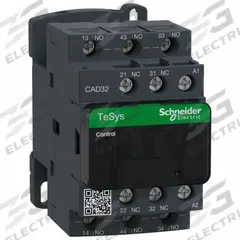 SCHNEIDER IEC Control Relay: DIN-Rail & Surface Relay Mounting, 24V AC Coil Volt, 3NO/2NC, 10 A (MPN CAD32B7). Key specifications — Brand: SCHNEIDER.