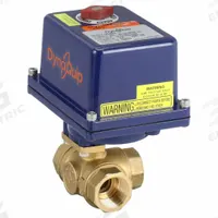 DYNAQUIP CONTROLS Electrically Actuated Three-Way Ball Valve: 1 in, Brass, 12V DC/24V AC/DC, L Flow (MPN EYHG5AUE25H). Key specifications — Included Mounting: ISO 5211 Actuator Mounting Pad; Brand: DYNAQUIP CONTROLS; Actuator Features: Heater.
