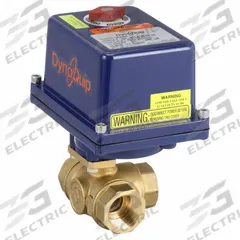 DYNAQUIP CONTROLS Electrically Actuated Three-Way Ball Valve: 1 in, Brass, 12V DC/24V AC/DC, L Flow (MPN EYHG5AUE25H). Key specifications — Included Mounting: ISO 5211 Actuator Mounting Pad; Brand: DYNAQUIP CONTROLS; Actuator Features: Heater.
