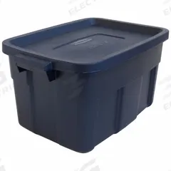 RUBBERMAID Storage Tote: 14 gal, 23 7/8 in x 15 7/8 in x 12 1/4 in, Dark Blue/Metallic Body, Blue (MPN RMRT140008). Key specifications — Material: Plastic; Edge/Corner Design: Rounded; Body Color: Dark Blue/Metallic; Lid Color: Dark Blue/Metallic; Brand: RUBBERMAID; NSF Certified: Not NSF Certified; Nestable: Nesting Capable.