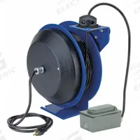 COXREELS Extension Cord Reel: Ratchet Lock, 50 ft Cord Lg, 12 AWG, SJO, 5-20R Cord Lg, 5-20P, Blue (MPN PC13-5012-F). Key specifications — Retractable Cord Ending NEMA Configuration: 5-20R; Feeder Cord Ending NEMA Configuration: 5-20P; Brand: COXREELS.