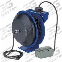 COXREELS Extension Cord Reel: Ratchet Lock, 50 ft Cord Lg, 12 AWG, SJO, 5-20R Cord Lg, 5-20P, Blue (MPN PC13-5012-F). Key specifications — Retractable Cord Ending NEMA Configuration: 5-20R; Feeder Cord Ending NEMA Configuration: 5-20P; Brand: COXREELS.