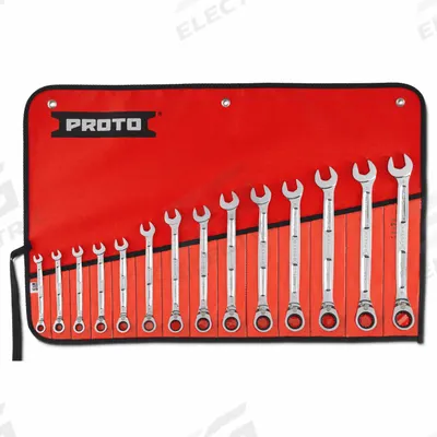 PROTO Combination Wrench Set: Alloy Steel, Chrome, 14 Tools, 6 mm to19 mm Range of Head Sizes - Metric 12-Point Ratcheting Combination Wrench Sets