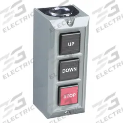 DAYTON Control Station: (3) Push Buttons, 0 Pilot Lights, 2NO/3NC, Up/Down/Stop, (3) Momentary (MPN 20C799). Key specifications — attr1022946: Up/Down/Stop; attr1022956: Red; attr211290: DAYTON; attr1042017: Indoor Use Only; attr1089900: (3) Push Buttons.