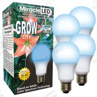 LED Grow Bulb: LED, A21, 120V, Blue/Full/Broad, 150 W Incandescent Watt Equivalency (MPN 602126). Key specifications — Plant Growth Application: Seed Starting; Brand: MIRACLE LED; Bulb Shape: A21; Spectrum: Full/Broad.