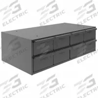 DURHAM MFG Drawer Bin Cabinet: 22 3/4 in x 12 1/4 in x 7 1/2 in, 8 Drawers, Stackable, Steel, Gray (MPN 003-95). Key specifications — Cabinet Material: Steel; Includes Dividers: Yes; Cabinet Finish: Powder Coated; Drawer Color: Gray; Cabinet Style: Drawer; Assembled: Assembled; Drawer Inside WxDxH: (8) 5-15/32 in x 11-1/4 in x 3-3/16 in; Cabinet Color: Gray.