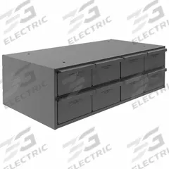 DURHAM MFG Drawer Bin Cabinet: 22 3/4 in x 12 1/4 in x 7 1/2 in, 8 Drawers, Stackable, Steel, Gray (MPN 003-95). Key specifications — Cabinet Material: Steel; Includes Dividers: Yes; Cabinet Finish: Powder Coated; Drawer Color: Gray; Cabinet Style: Drawer; Assembled: Assembled; Drawer Inside WxDxH: (8) 5-15/32 in x 11-1/4 in x 3-3/16 in; Cabinet Color: Gray.