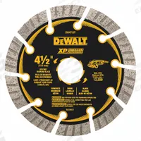 DEWALT Diamond Saw Blade: Masonry, 4 1/2 in Blade Dia., 5/8 in Arbor Size, Wet/Dry, Best (MPN DW4713T). Key specifications — attr1097734: Wet/Dry; attr1097738: Angle Grinder; attr1097751: DEWALT.